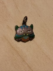 Rare Vintage 1970s Cloisonné Enamel Charm Double Sided Kitty Cat Gold Wash 0.5”