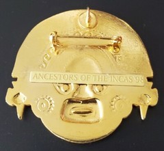 VINTAGE 18KT GOLD PLATED ENAMELED PERUVIAN INCA WARRIOR IMAGE PENDANT BROOCH