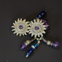 VTG Boho Sunburst Clip‑On Earrings Mixed Glass Metal Beads