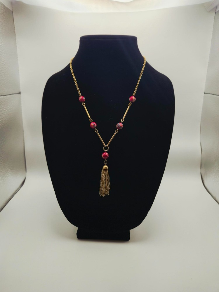 VINTAGE Sarah Coventry Red Murano Glass Beaded Goldtone Necklace Tassel Pendant