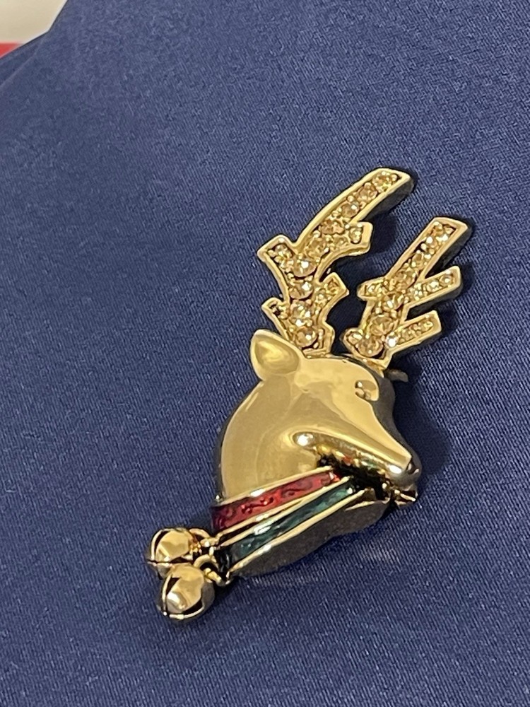 Festive Gold Tone Reindeer Brooch Crystal Encrusted Antlers