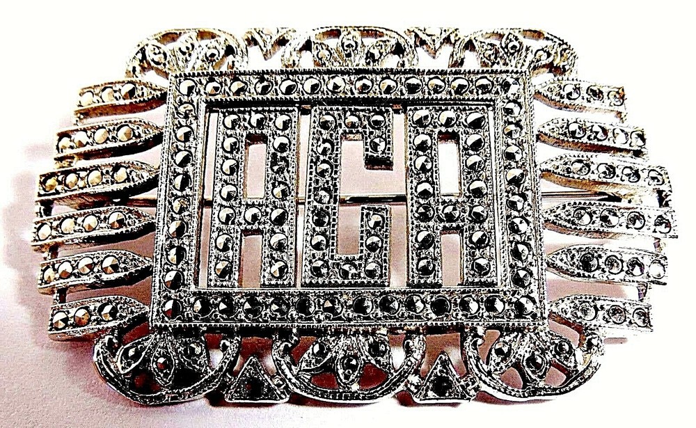 ANTIQUE LARGE LADIES STERLING SILVER ACA MARCASITE STONES PIN BROOCH 9.40 Grams