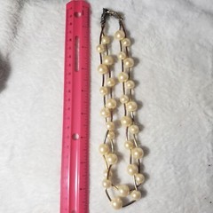 Cream Faux-Pearl Metal Tube Beaded Double Strand Layered Necklace Unsigned
