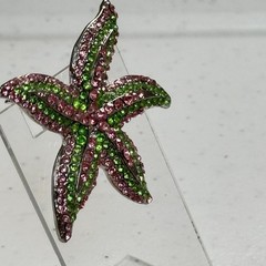 Vintage Brooch Starfish Pink & Green Rhinestone Figural Beach Ocean Pin