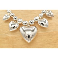 Vintage Heart Charm Necklace Puffy Silver Beaded Chain Chunky Shiny NOS 80s A27
