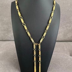 Vintage Gold Tone Geometric Bar Link Chain Long Lariat Necklace Tassel 40”
