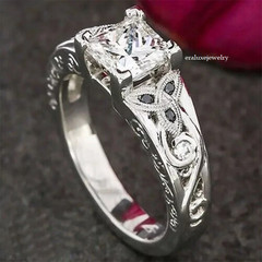 Art Deco Princess Lab Created Diamond & Onyx 14K White Gold FN Engagement Ring