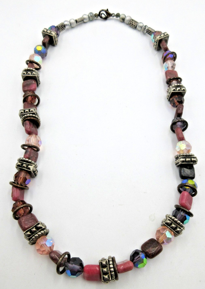 VTG UNUSUAL 20″ HEAVY BEAD necklace pink purple shade gray silver tone metal