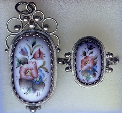 Vintage Rostov Finift Enamel Pendant & Ring Floral Hand-Painted Silver Plated