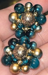 Vintage Hong Kong Cha Cha Cluster Clip Earrings Teal Gold Glass Beads 1960s MCM
