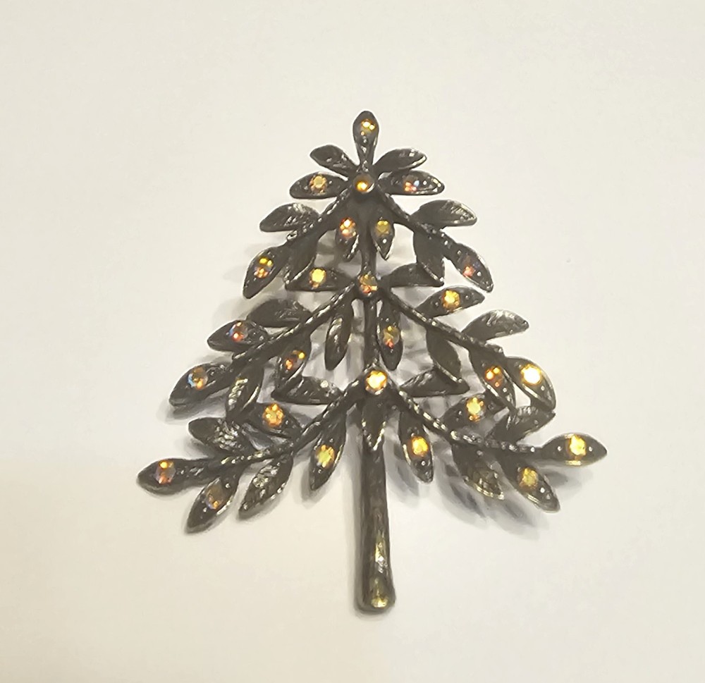 Cute 2 inch bronze and twinkling rhinestone christmas tree pin