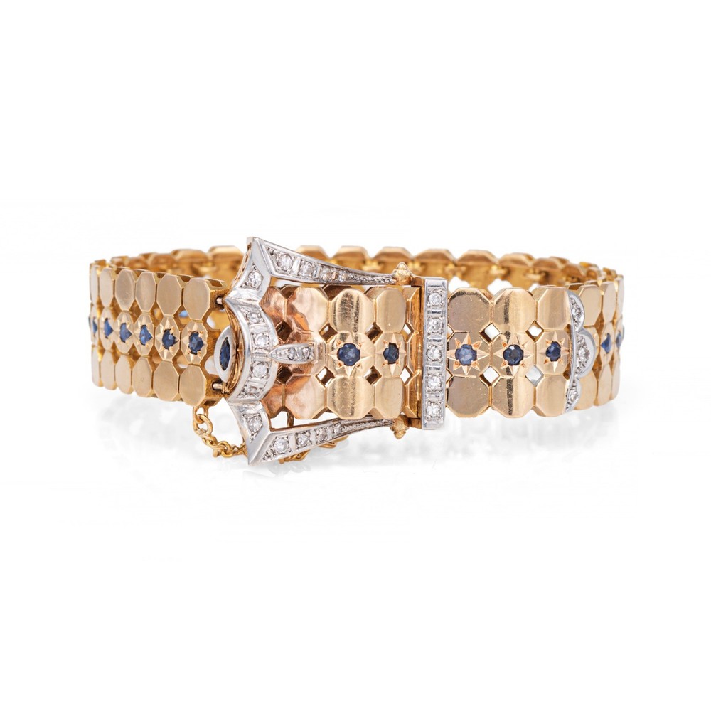 1940s Portuguese Retro Buckle Bracelet Sapphire 19k Rose Gold 7″ Fine Jewelry