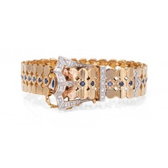 1940s Portuguese Retro Buckle Bracelet Sapphire 19k Rose Gold 7″ Fine Jewelry
