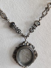 1960’S Gothic Art Deco Style Smoky Glass Cameo Necklace Pearls Flowers Floral