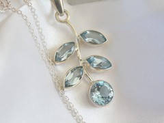 Sterling Silver 925 Natural Heated Blue Topaz Vine Branch Pendant Necklace