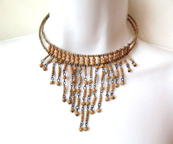 Vintage Beige Bead Double Layer Multi Chain Tension Dangle Choker Necklace