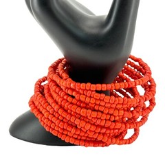 Vintage Coral Beaded Stack Cuff Wrap Bracelet Multi Strand Seed Bead Stretchable