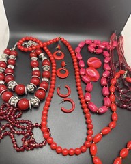 Vintage Red Pink Jewelry Lot 6 Necklaces 3 Earrings Chunky Beaded Statement