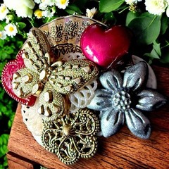 Handmade Assemblage Brooch Butterfly Heart Mixed Media Art Pin Vintage Buttons