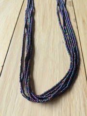 Natural Nepal Glass Seed Bead Multi Strand Necklace. Iridescent Peacock Blue 22″
