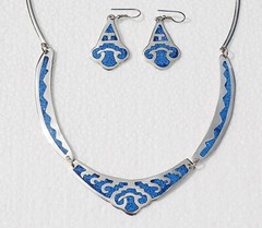 Vintage 16″ Alpaca Silver Necklace & Earrings Set Turquoise Inlay Made In Mexico
