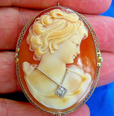 Original EARTH MINED DIAMOND Deco Antique Victorian SOLID 14K GOLD Cameo Broach