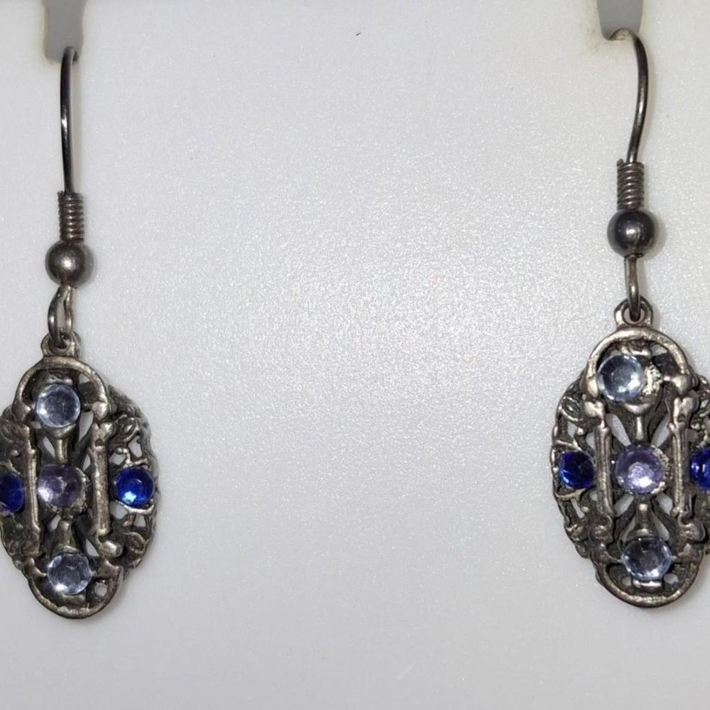 Vintage Royal Blue Czech Glass Filigree Ornate Drop Dangle Earrings