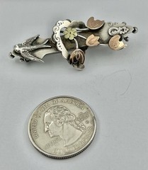 Antique Edwardian Bird Rose Gold Plate Flowers Silver Brooch Hallmarked 1903