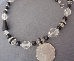 Antique Art Deco Glass Bead Necklace Black & Clear 17″ Re-Strung
