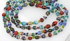 Vintage Hand Blown Glass Trade Bead Necklace Red Blue Green Striped 48″ Long