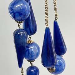 VTG Necklace Gold Tone Blue Marbled Beads 26″ Modern Art Nouveau Style