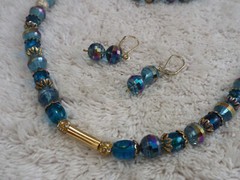 Iridescent Peacock Blue Crystal Bead Necklace + Bracelet + Pierced Earrings (C4)