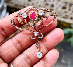3Ct Oval Lab Created Red Ruby Antique Brooch Pin 14K Yellow Gold Plated Silver