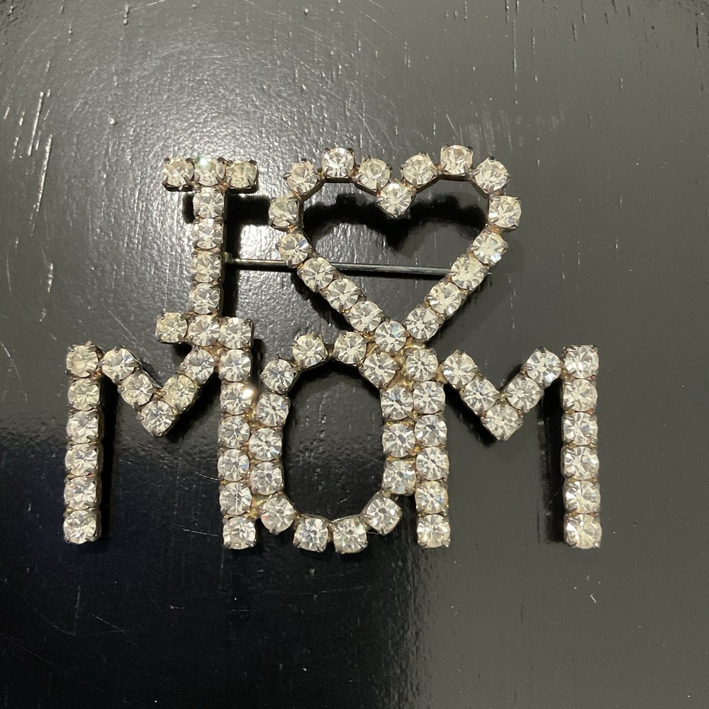 Vintage I Love Mom Rhinestone Brooch 2.2” 22g Heart Mother’s Day Gift Pin