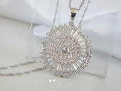 Vintage Style Sterling Silver 925 Baguette Starburst CZ Large Pendant Necklace