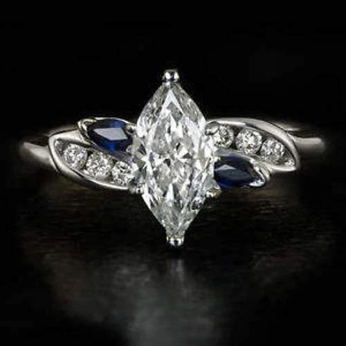 2.2Ct Marquise Cut Lab Created Diamond & Sapphire Wedding 14k White Gold FN Ring