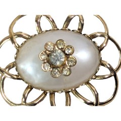 Gold Tone Pearl White Flower Brooch Pin Pendant Rhinestones Vintage 1960s Gift