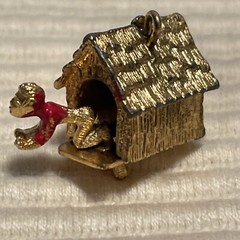 1960’s Man in Doghouse Goldtone Bracelet Charm Mechanical Signed C S Red Paint