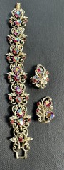 Vintage Gold Coro Red Aura Borealis Bracelet And Clip On Earring Set.