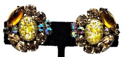 Yellow Foil Art Glass Rhinestone Earrings Autumn Colors Vintage Costume Jewelry