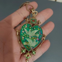 Vintage European Heart Enamel Necklace Unique Dove Inlay Retro Pendant Jewelry