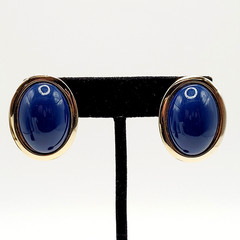 Modernist Navy Blue Slight Dome Lucite Oval Polished Gold Tone Pierced Earrings