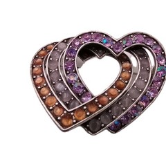 Vintage Liz Claiborne Triple Heart Brooch Amber Grey Purple Rhinestone Pin 2 in
