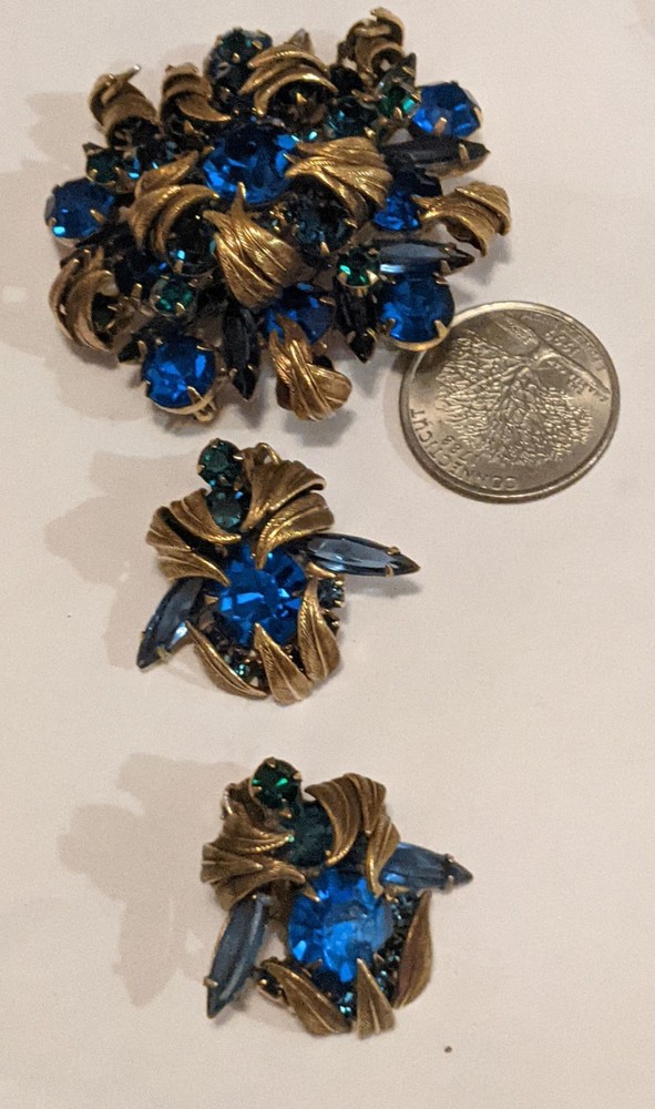 JULIANA DELIZZA ELSTER GOLDTONE SAPPHIRE BLUE RHINESTONE VENUS FLAMES SET