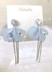 NWT Natasha Light Blue Rhinestone Flower Petal Dangle Iridescent Earrings 3.5 In