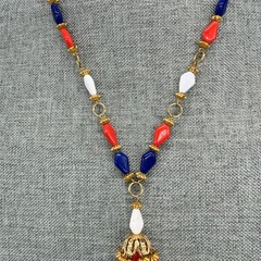 Vintage Necklace Tassel Dangles Red Blue White Acrylic Beads Retro 24 Inches