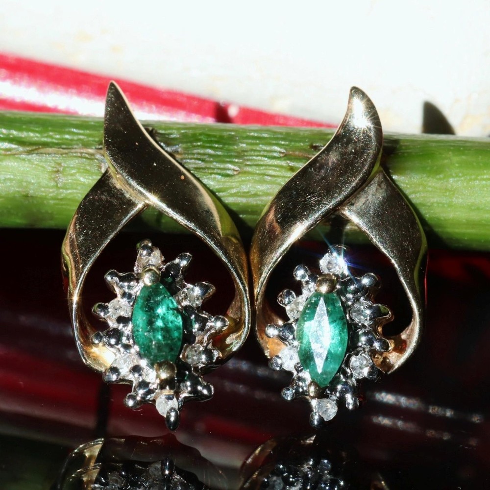 10k yellow gold 0.18c natural diamond earrings emerald dangle treated 1.95g 3219