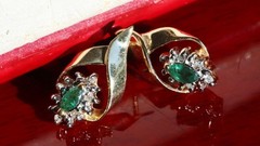 10k yellow gold 0.18c natural diamond earrings emerald dangle treated 1.95g 3219