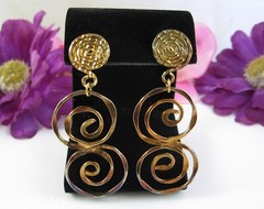 SPIRAL DANGLE EARRINGS Vintage Pierced Post Goldtone Handcrafted Tolarams 2 5/8″