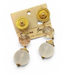Huge Vintage Bead Dangle Clip On Earrings Gold Tone J6